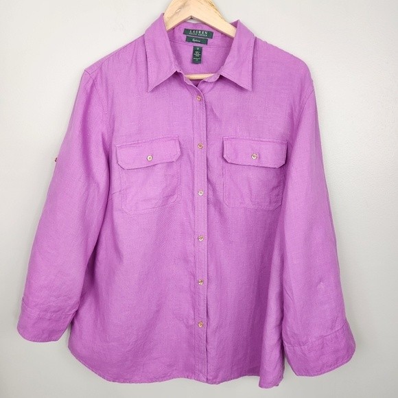 Lauren Ralph Lauren 100% Linen Dark Lilac Button Up Womens  Size 1X - Picture 8 of 8